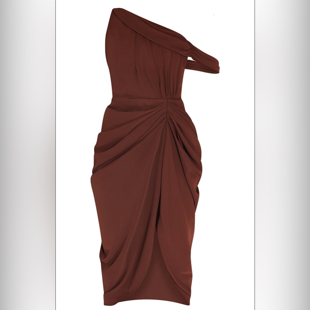 Chocolate Chiffon Asymmetric Strap Draped Midi Dress